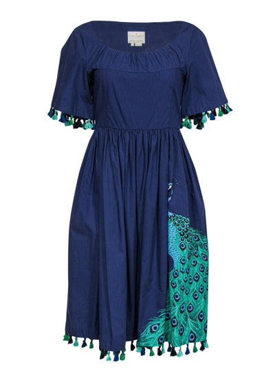 Current Boutique-Kate Spade - Indigo Peacock Print Midi Dress w/ Tassels Sz 8