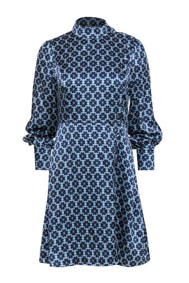 Current Boutique-Kate Spade - Light Blue & Navy Floral Print Mock Neck Silk Dress Sz 6