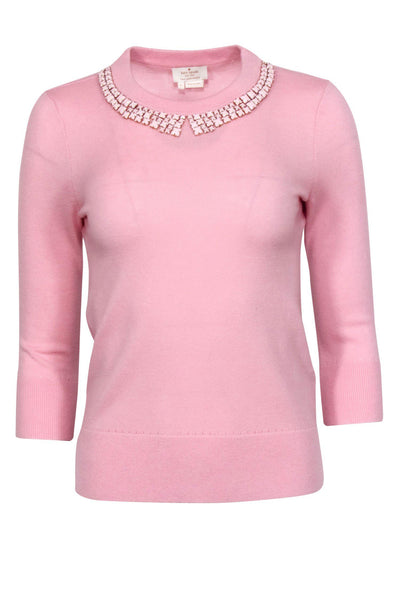 Current Boutique-Kate Spade - Light Pink Cropped Sleeve Sweater w/ Embellished Neckline Sz S