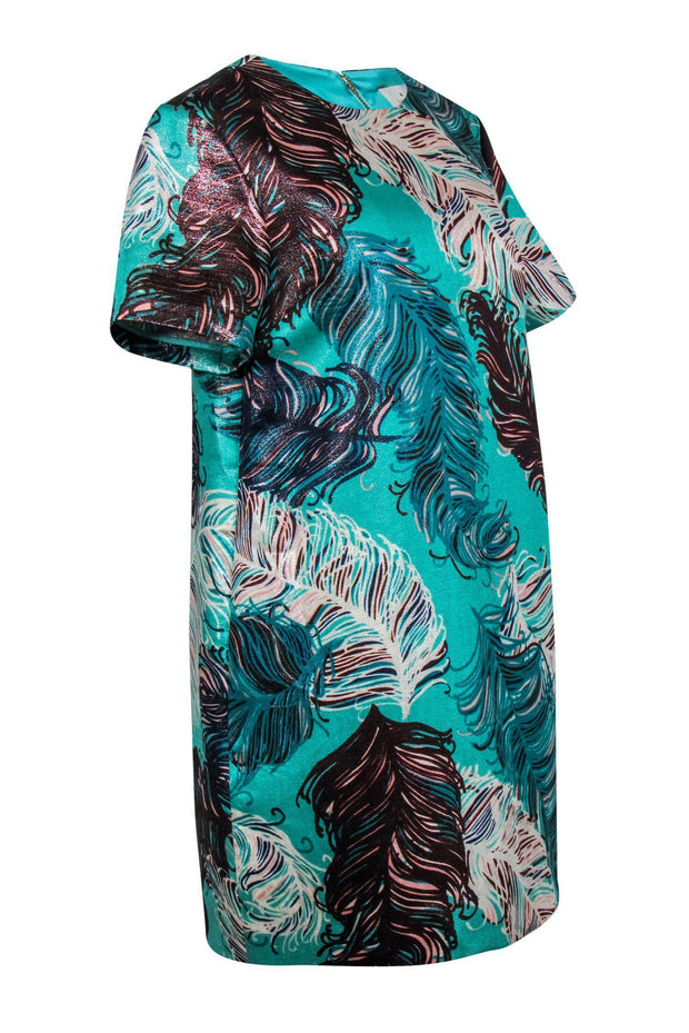 Current Boutique-Kate Spade - Metallic Aqua Green Feather Print Shift Dress Sz 6