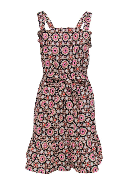 Current Boutique-Kate Spade - Pink Geometric Print Sleeveless Ruffle Fit & Flare Dress w/ Belt Sz 12