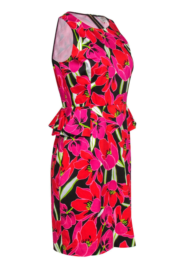 Current Boutique-Kate Spade - Pink, Red, Brown Floral Fitted Sheath Dress with Peplum Sz 8