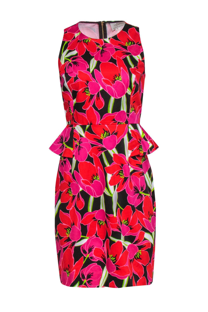 Kate Spade - Pink, Red, Brown Floral Fitted Sheath Dress with Peplum Sz 8