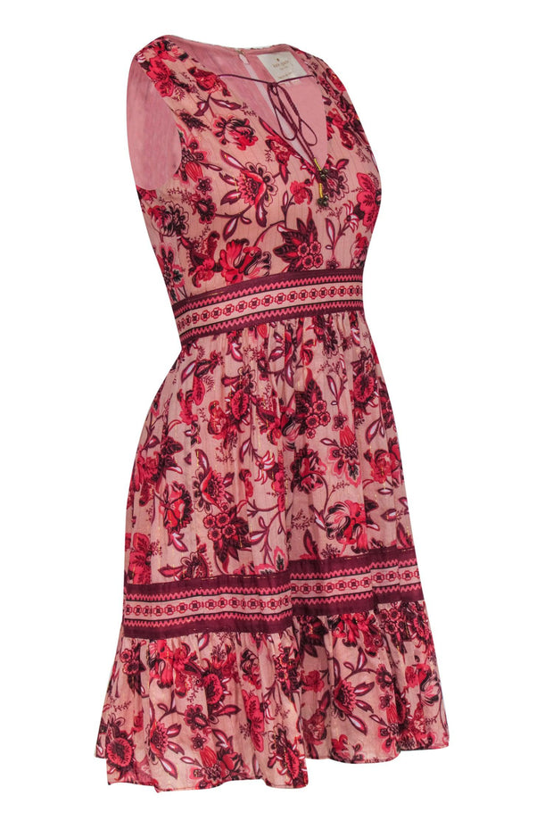 Current Boutique-Kate Spade - Pink & Red Floral Print A-Line Dress w/ Metallic Threading & Tassels Sz 0