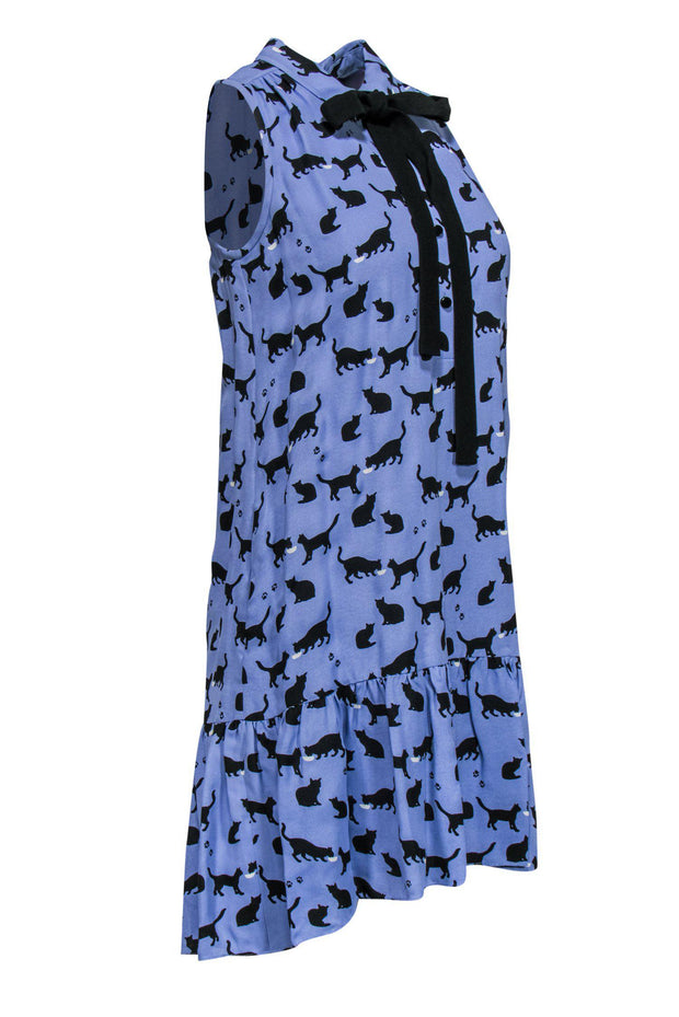 Current Boutique-Kate Spade - Purple Cat Print Drop Waist Shift Dress w/ Neck Tie Sz S