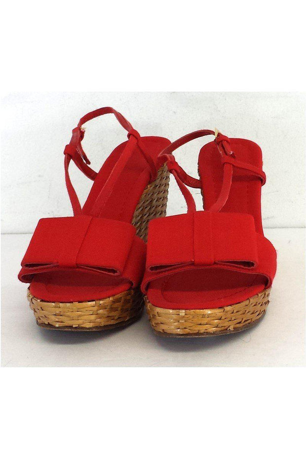 Current Boutique-Kate Spade - Red Canvas Bow & Woven Straw Wedges Sz 10