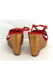 Current Boutique-Kate Spade - Red Canvas Bow & Woven Straw Wedges Sz 10