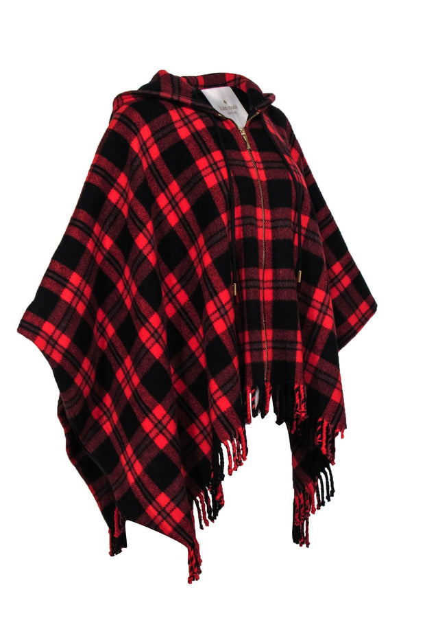 Current Boutique-Kate Spade - Red Wool Blend Plaid Hooded Poncho w/ Fringe Sz 0