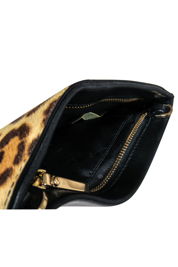 Current Boutique-Kate Spade - Tan & Black Leopard Print Calf Hair Zippered Clutch w/ Floral Embroidery