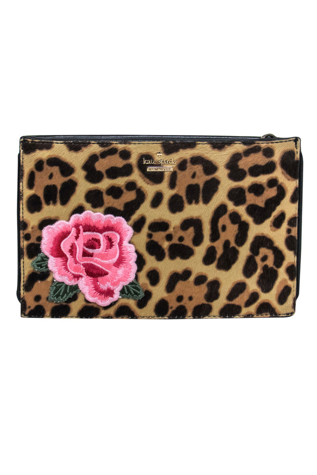 Current Boutique-Kate Spade - Tan & Black Leopard Print Calf Hair Zippered Clutch w/ Floral Embroidery