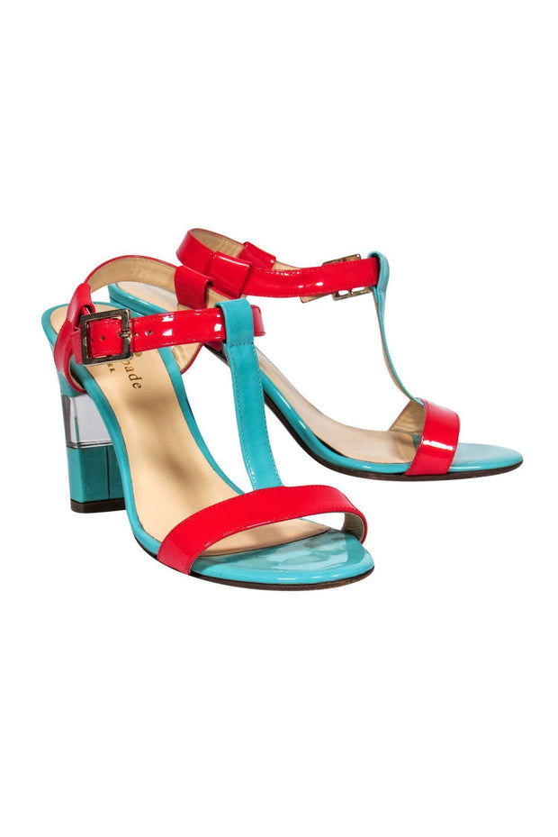 Current Boutique-Kate Spade - Teal & Red Two-Toned Strappy Heels w/ Clear Cutouts Sz 6.5