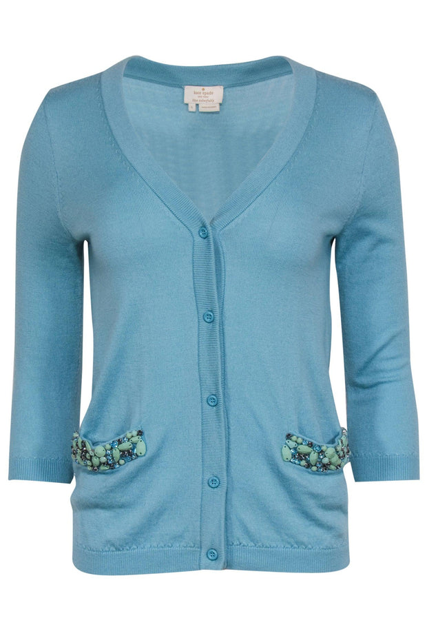 Current Boutique-Kate Spade - Turquoise Button-Up Wool Cardigan w/ Beaded Trim Sz S