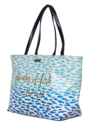 Current Boutique-Kate Spade - White & Blue Fish Print Leather Tote w/ “Plenty of Fish in the Sea” Text