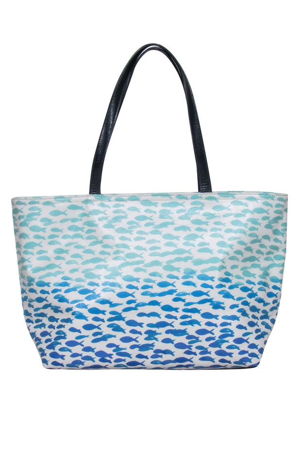 Current Boutique-Kate Spade - White & Blue Fish Print Leather Tote w/ “Plenty of Fish in the Sea” Text