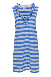 Current Boutique-Kate Spade - White & Blue Striped Sleeveless Shift Dress w/ Ruffle Neckline Sz M