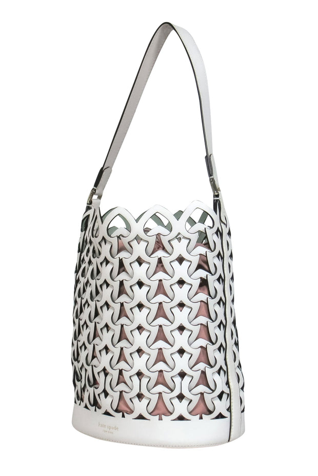 Current Boutique-Kate Spade - White Leather Spade Woven Drawstring Bucket Bag