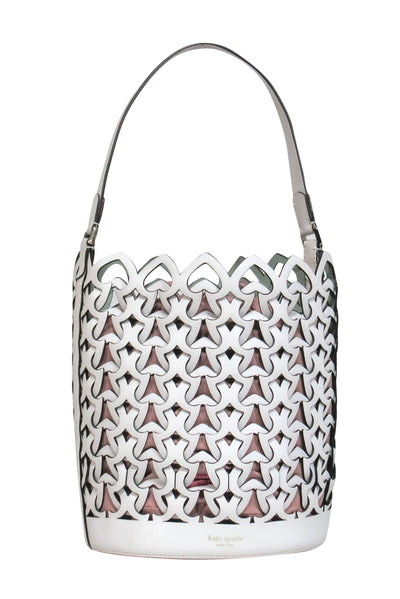 Current Boutique-Kate Spade - White Leather Spade Woven Drawstring Bucket Bag