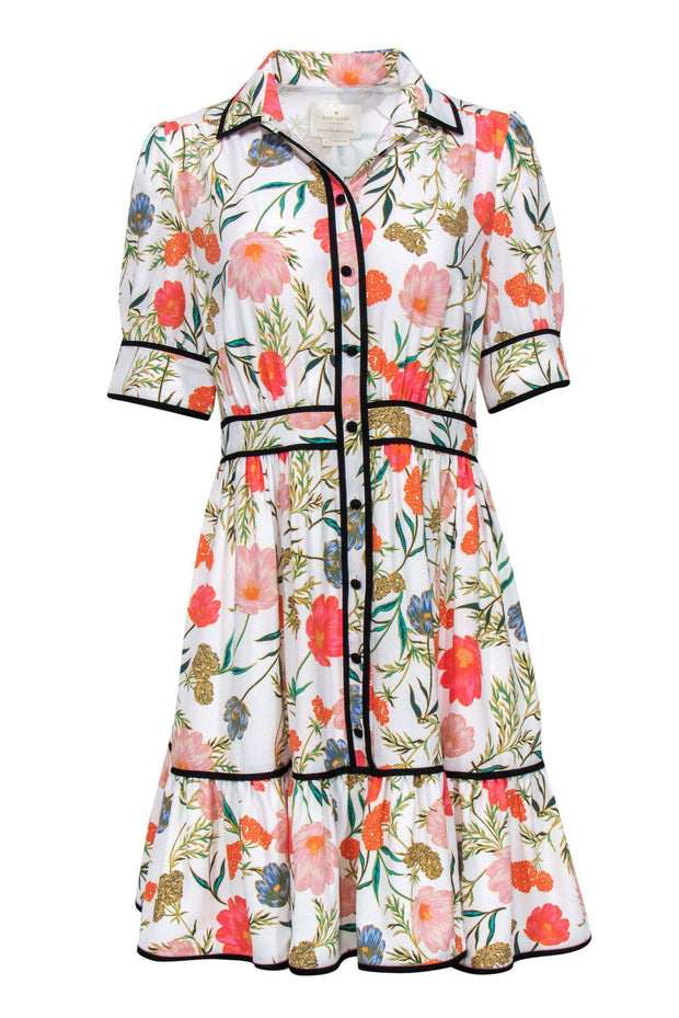 Current Boutique-Kate Spade - White & Multicolor Floral Button-Up Fit & Flare Dress w/ Black Trim Sz 6