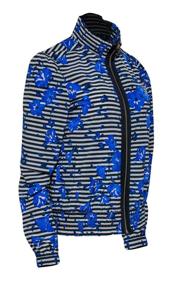 Current Boutique-Kate Spade - White, Navy & Blue Striped & Floral Print Zip-Up Jacket Sz M