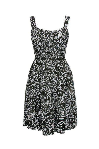 Current Boutique-Kate Spade - White & Olive Green Leaf Print Fit & Flare Dress Sz 8