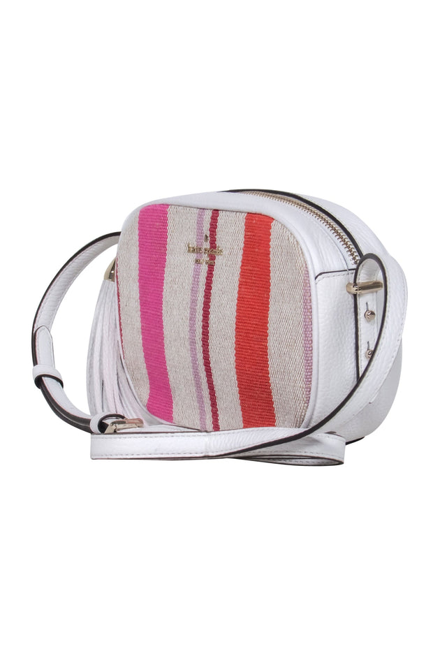 Current Boutique-Kate Spade - White, Pink & Red Striped Pebbled Leather & Canvas Crossbody