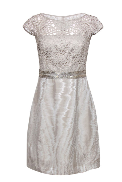 Current Boutique-Kay Unger - Beige Open Lace Bodice Sheath Dress w/ Sequins Sz 8