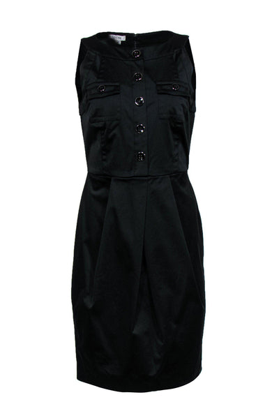 Current Boutique-Kay Unger - Black Satin Sheath Dress w/ Button Front Sz 10