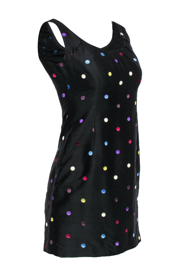 Current Boutique-Kay Unger - Black Sleeveless Silk Sheath Dress w/ Multicolored Polka Dots Sz 4