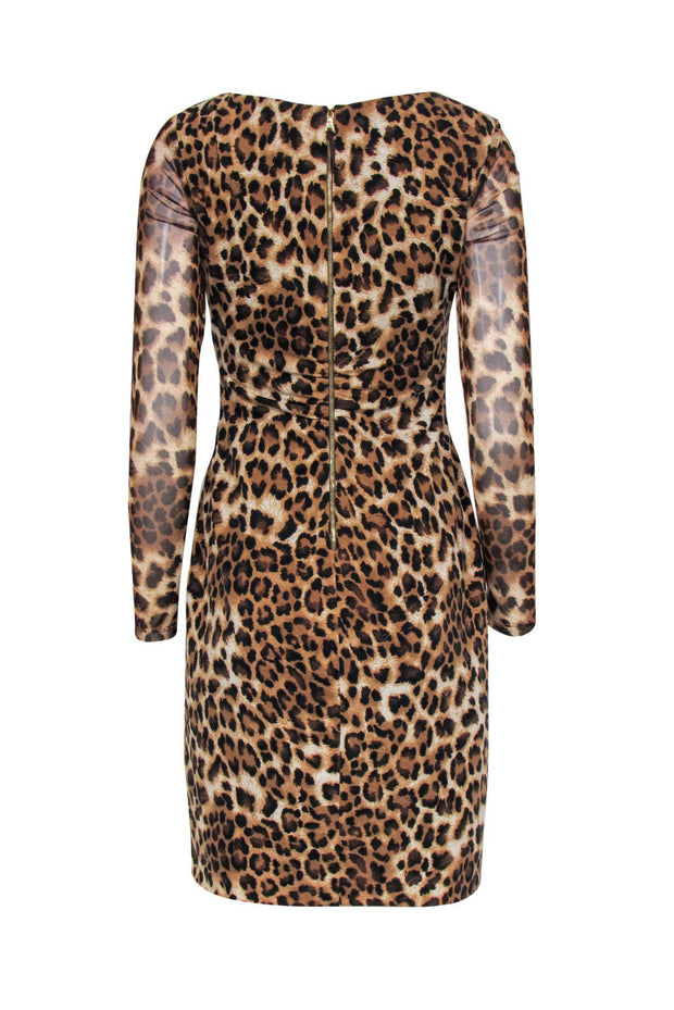 Current Boutique-Kay Unger - Brown Leopard Print Long Sleeve Ruched Sheath Dress Sz 4