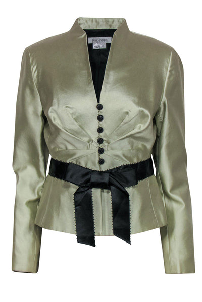 Current Boutique-Kay Unger - Greenish-Gold Satin Bow Jacket w/ Rhinestone Buttons Sz 10