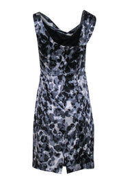 Current Boutique-Kay Unger - Grey, Black & White Printed Ruched Silk Sheath Dress Sz 4