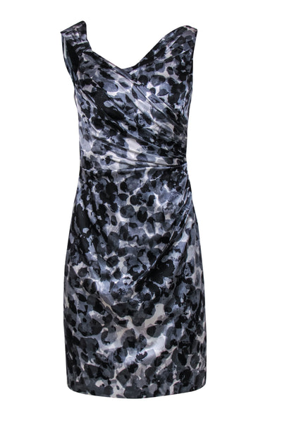 Current Boutique-Kay Unger - Grey, Black & White Printed Ruched Silk Sheath Dress Sz 4