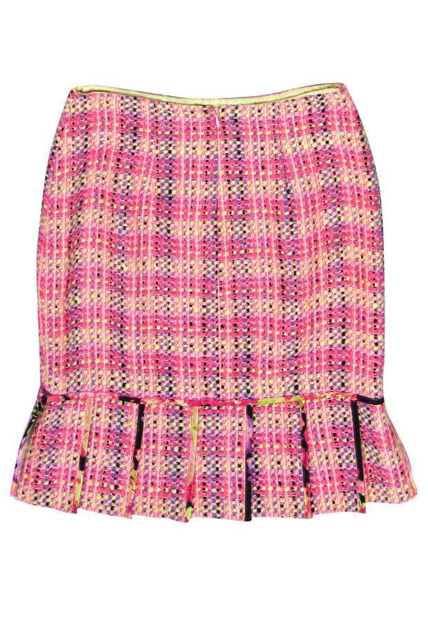Current Boutique-Kay Unger - Pink & Yellow Plaid Woven Tweed Skirt w/ Pleated Hem Sz 4
