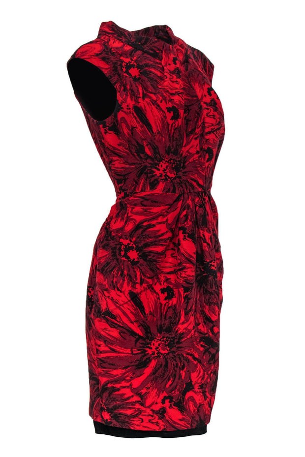 Current Boutique-Kay Unger - Red & Black Abstract Floral Sheath Dress Sz 8