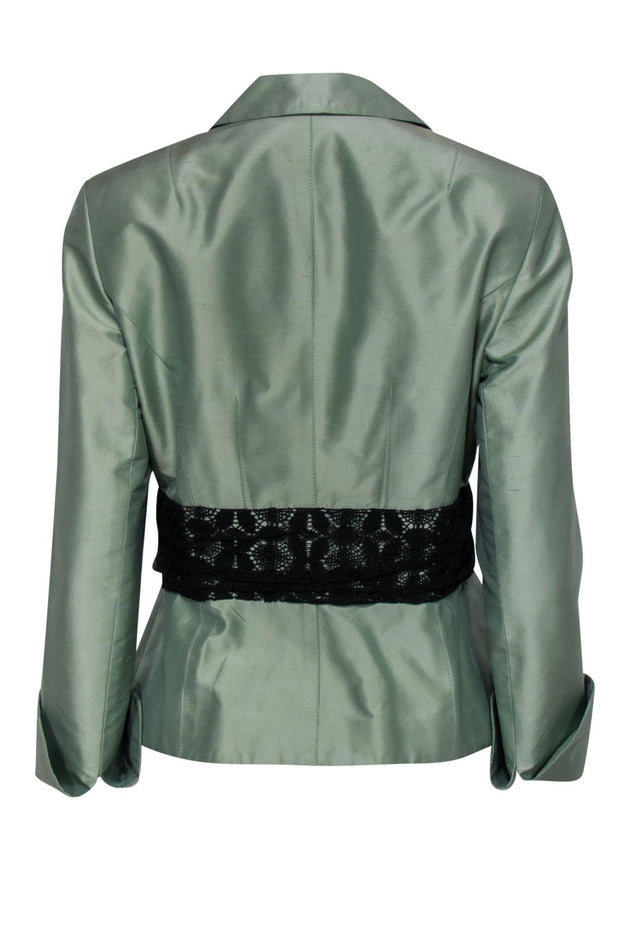 Current Boutique-Kay Unger - Sage Green Raw Silk Button-Up Blazer w/ Lace Waistband Sz 8