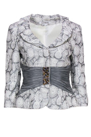 Current Boutique-Kay Unger - White & Silver Printed Ruffle Blazer w/ Ruched Jeweled Waist Sz 4