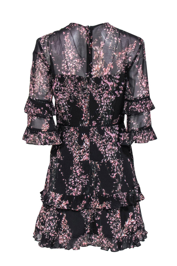 Current Boutique-Keepsake - Black Floral Pleated Ruffle Tiered Mini Dress Sz M