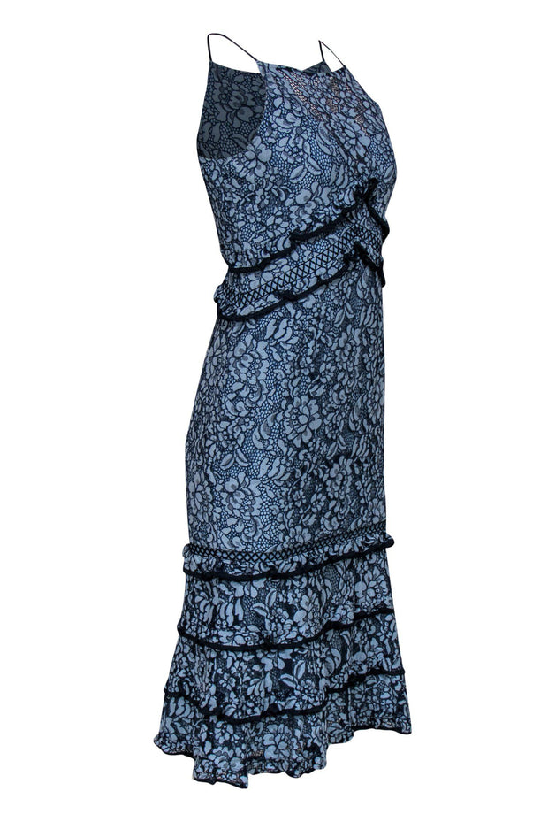 Current Boutique-Keepsake - Blue Floral Lace Ruffle Sleeveless Midi Dress Sz S