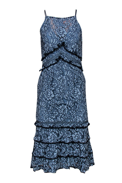 Current Boutique-Keepsake - Blue Floral Lace Ruffle Sleeveless Midi Dress Sz S