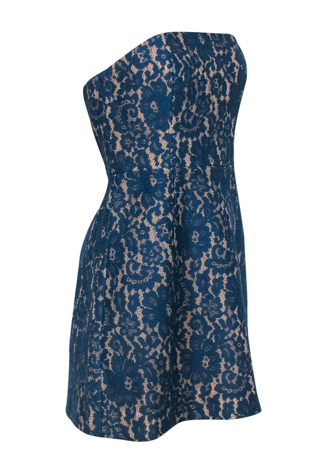 Current Boutique-Keepsake - Teal Lace Strapless Flared Mini Dress Sz L