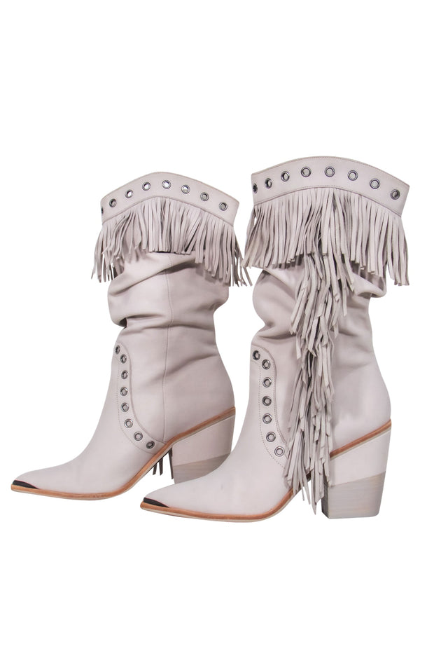 Current Boutique-Kenneth Cole - Light Grey Fringed Heeled Cowboy Boots w/ Grommet Trim Sz 9