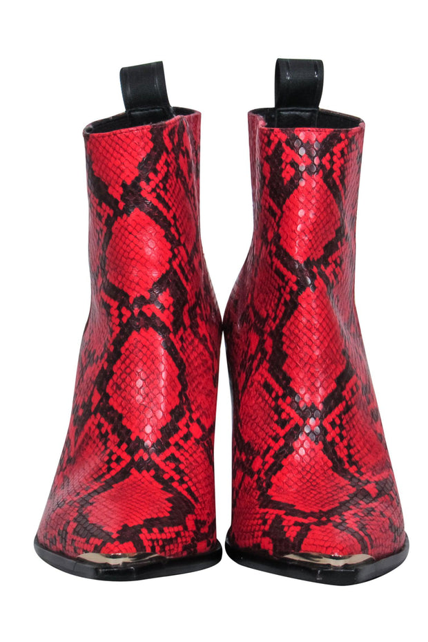 Current Boutique-Kenneth Cole - Red Snakeskin Embossed Leather Pointed Toe Boots Sz 6.5
