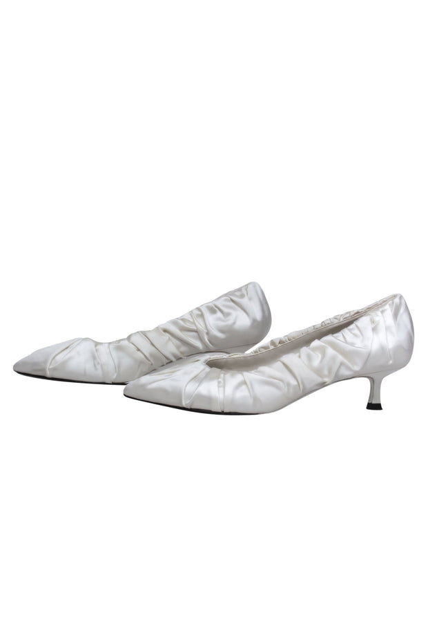 Current Boutique-Khaite - Ivory Scrunched Satin Pointed Toe Kitten Heels Sz 10.5