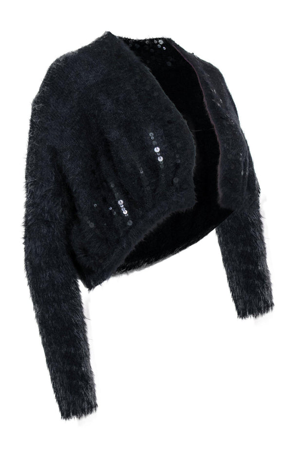 Current Boutique-Knitted & Knotted - Black Fuzzy Open-Front Cropped Cardigan w/ Sequins Sz S