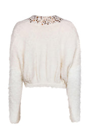 Current Boutique-Knitted & Knotted - White Fuzzy Open-Front Cropped Cardigan w/ Sequins Sz S