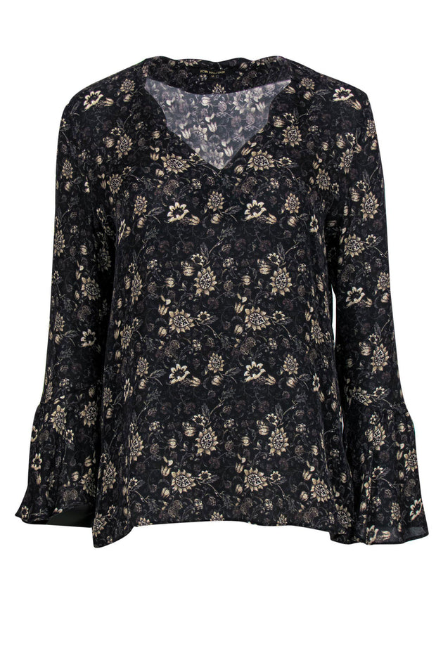 Current Boutique-Kobi Halperin - Black & Beige Floral Print Long Sleeve Silk Blouse Sz M