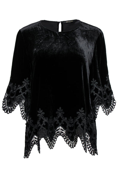 Current Boutique-Kobi Halperin - Black Velvet Short Sleeve Top w/ Lace Trim Sz M