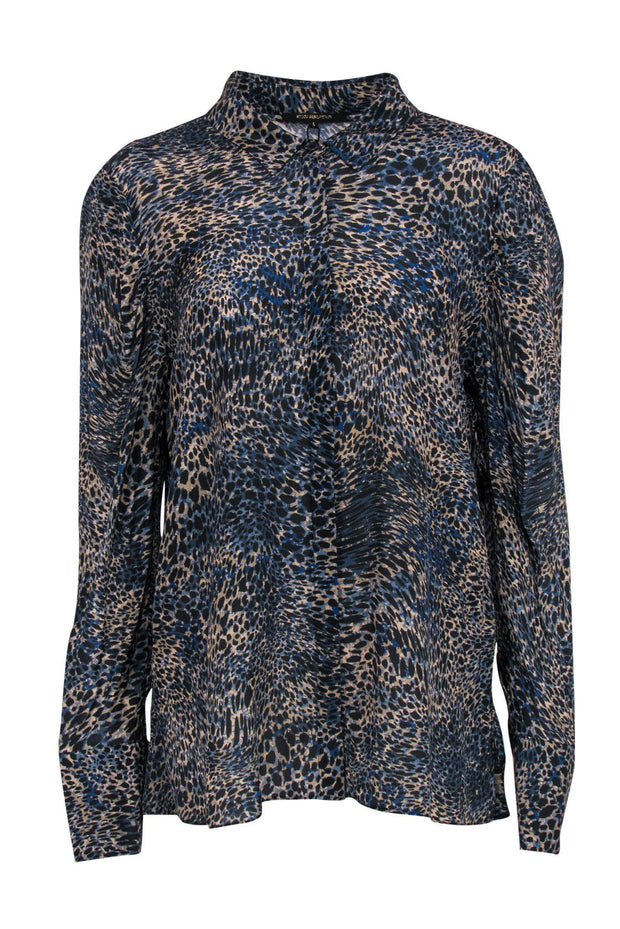 Current Boutique-Kobi Halperin - Blue & Beige Leopard Print Button-Up Silk Blouse Sz L
