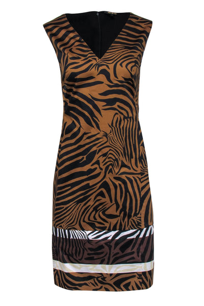 Current Boutique-Kobi Halperin - Brown & Black Zebra Print Sleeveless Sheath Dress w/ Colorblocked Hem Sz L