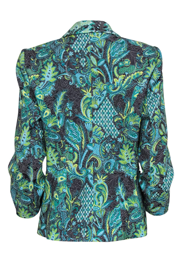 Current Boutique-Kobi Halperin - Green, Blue & Black Bohemian Print Ruched Sleeve Blazer Sz M